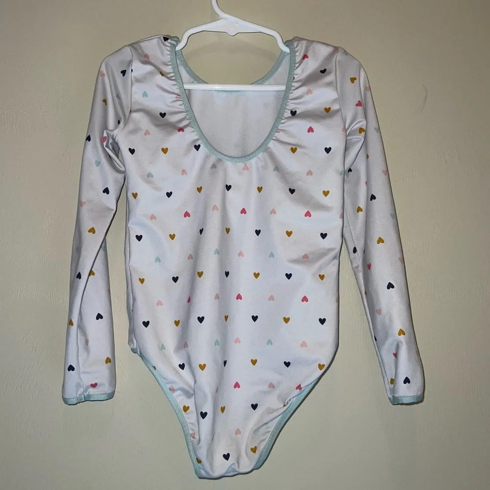 SweetHoney White Leotard with Mint Trim and Multicolor Heart Print